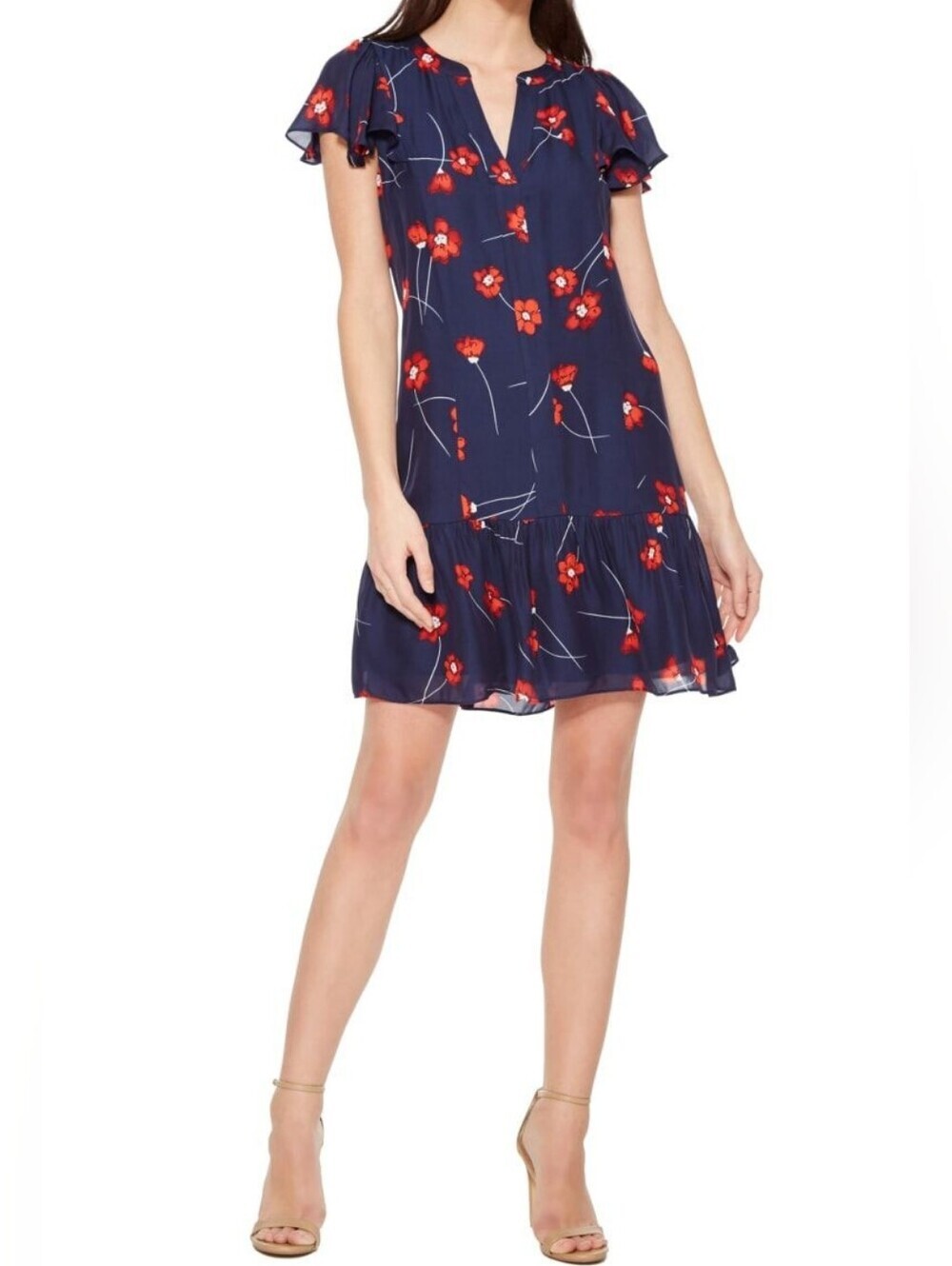 Parker Navy Floral Mini Dress with Red Flowers..Silk Blend...Size:L
